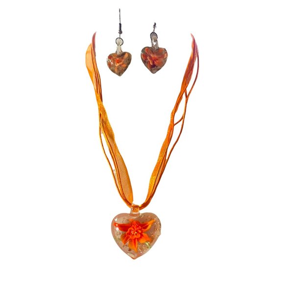 Glass Pendant Bursting Flower Necklace Dangle Earring Set - Picture 3 of 11